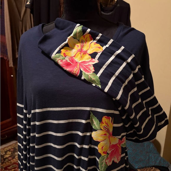 Polo/Ralph Lauren Navy and White Striped Long-Sleeve Top with Floral Accents - Picture 2 of 5